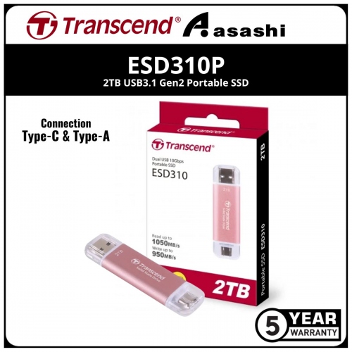 Transcend ESD310P Pink 2TB USB3.1 Gen2 Portable SSD with Type-C & Type-A Connection - TS2TESD310P (Up to 1050MB/s Read Speed,950MB/s Write Speed)