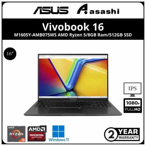 Asus Vivobook 16 Notebook-M1605Y-AMB075WS-(AMD Ryzen 5-7530U/8GB DDR4 OB (1 Extra Slot) /512GB SSD/16
