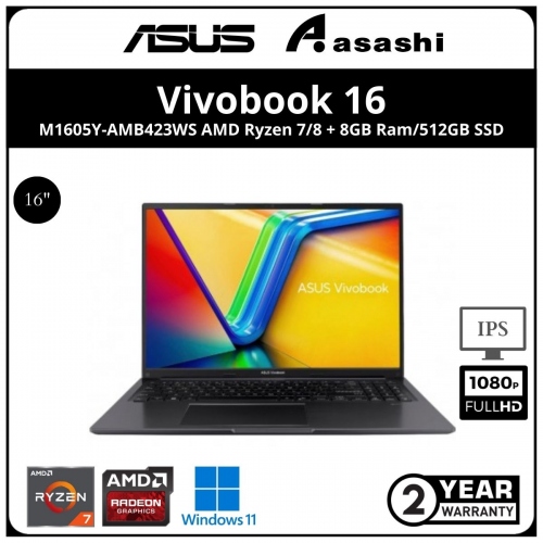 Asus Vivobook 16 Notebook-M1605Y-AMB423WS-(AMD Ryzen 7-7730U/16GB DDR4 (8GB OB + 8GB) /512GB SSD/16