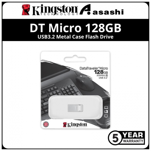 Kingston DT Micro 128GB USB3.2 Metal Case Flash Drive - Up to 200MB/s Read Speed