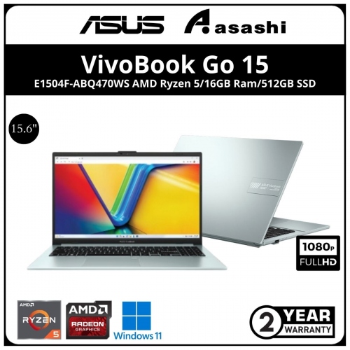 Asus Vivobook Go Notebook-E1504F-ABQ470WS-(AMD Ryzen 5-7520U/16GB OB ( No Slot) /512GB SSD/15.6