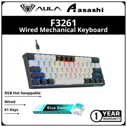AULA F3261 61 Keys (Black Grey / Blue Switch) RGB Hot Swappable Wired Mechanical Keyboard