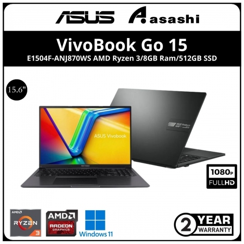 Asus Vivobook Go Notebook-E1504F-ANJ870WS-(AMD Ryzen 3-7320U/8GB DDR5L OB ( No Slot) /512GB SSD/15.6