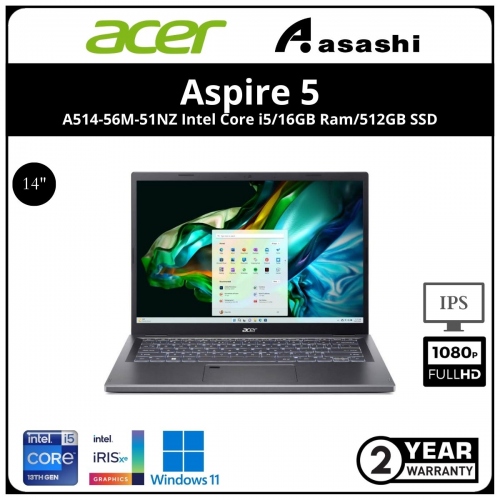 Acer Aspire 5 A514-56M-51NZ Notebook (intel Core i5-1335U/16GB DDR5L OB(No Slot)/512GB SSD/Intel® Iris® Xe Graphics/14