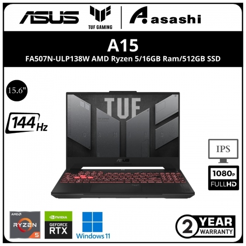 Asus TUF A15 FA507N-ULP138W Gaming Notebook - (AMD Ryzen 5-7535HS/16GB D5 4800Mhz(1 Extra Slot)/512GB SSD(Extra 1 M.2 Slot)/15.6