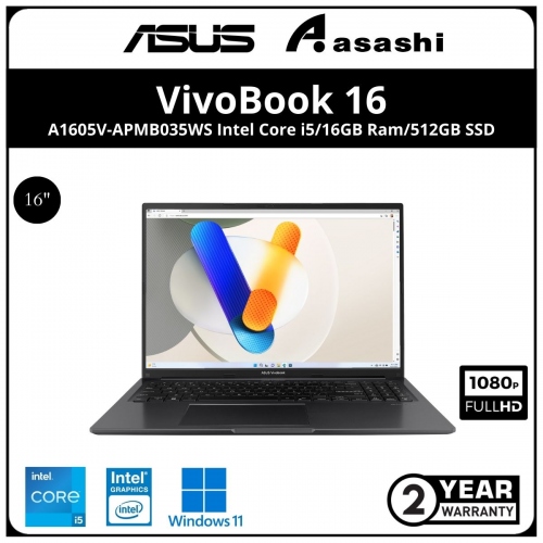 Asus Vivobook A1605V-APMB035WS Notebook-(Intel Core 5 120U/16GB DDR4(8GB OB + 8GB)/512GB SSD/16