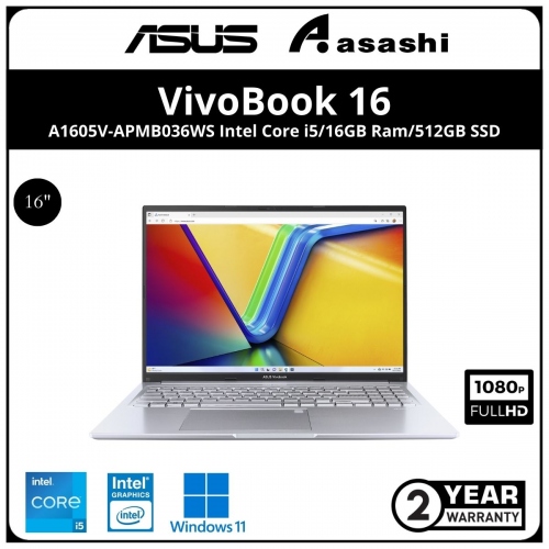 Asus Vivobook A1605V-APMB036WS Notebook-(Intel Core 5 120U/16GB DDR4(8GB OB + 8GB)/512GB SSD/16
