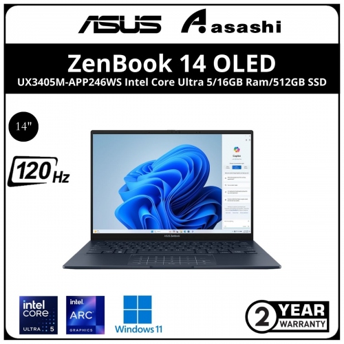 Asus Zenbook 14 OLED UX3405M-APP246WS-(Intel Core Ultra 5-125H/16GB DDR5 OB/512GB SSD/14