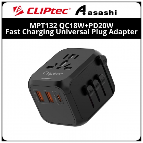 Cliptec MPT132 QC18W+PD20W Fast Charging Universal Travel Plug Adapter - Black