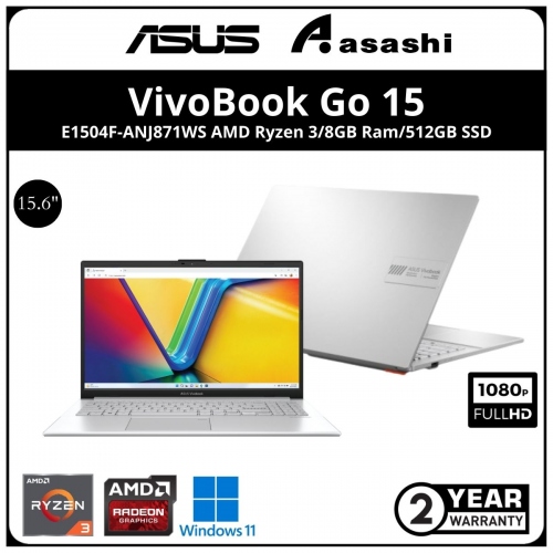 Asus Vivobook Go Notebook-E1504F-ANJ871WS-(AMD Ryzen 3-7320U/8GB DDR5L OB ( No Slot) /512GB SSD/15.6
