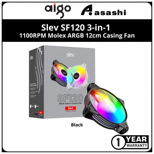 Slevflow SF120 3-in-1 (Black) 1100RPM Molex ARGB 12cm Casing Fan (Fan x3 + ARGB HUB) No Controller