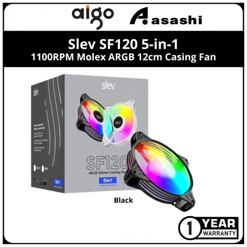 Slevflow SF120 5-in-1 (Black) 1100RPM Molex ARGB 12cm Casing Fan (Fan x5 + ARGB HUB) No Controller