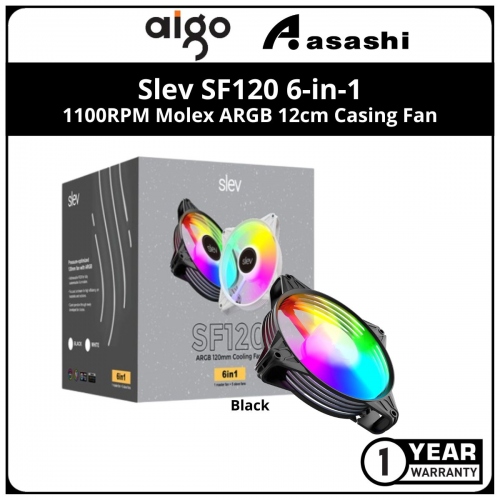 Slevflow SF120 6-in-1 (Black) 1100RPM Molex ARGB 12cm Casing Fan (Fan x6 + ARGB HUB) No Controller