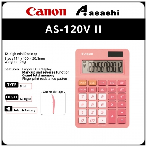 Canon AS-120V II 12 Digits Calculator (Strawberry Pink)