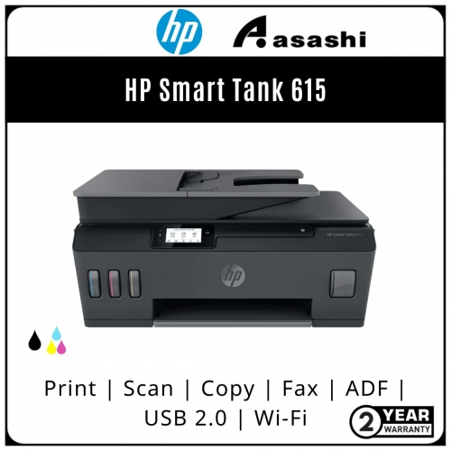 HP Smart Tank 615 Wireless AIO Printer (Print,scan,copy,fax,ADF,Wireless) 2 Years Onsite 1-to-1(except printhead)