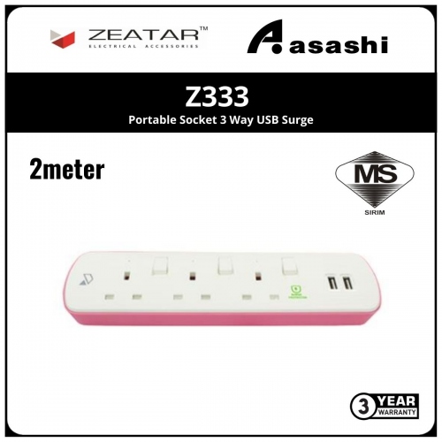 Zeatar Z333 Portable Socket 3 Way USB Surge 2M - Pink (3yrs Limited Warranty)