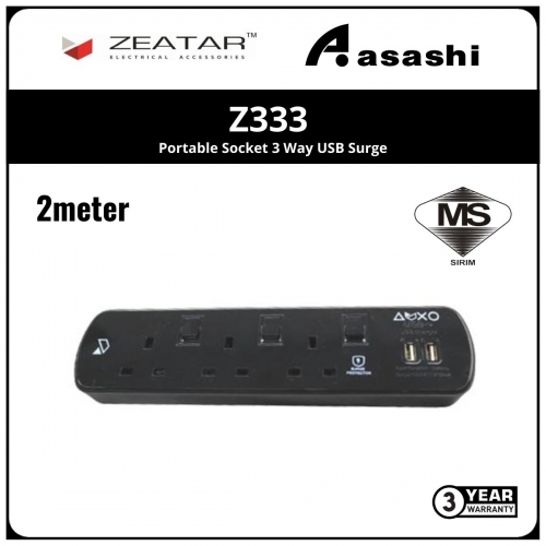 Zeatar Z333 Portable Socket 3 Way USB Surge 2M - Black (3yrs Limited Warranty)