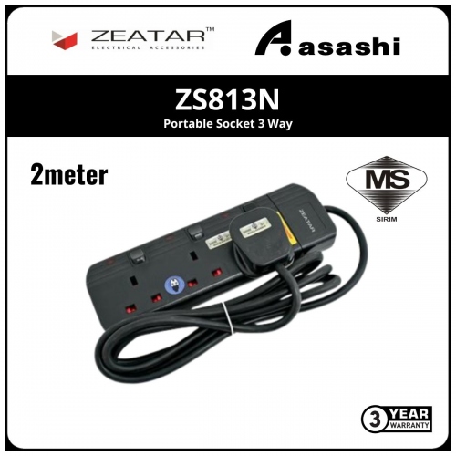 Zeatar ZS813N Standard PSE 3 Gang Surge - 2M (3yrs Limited Warranty)