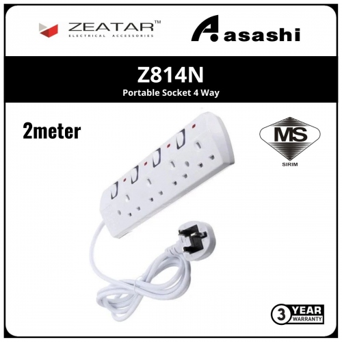 Zeatar Z814N Portable Socket 4 Way - 2M (3yrs Limited Warranty)