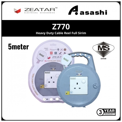 Zeatar Z770-5M Cable Reel Heavy Duty Full Sirim 5M (3yrs Limited Warranty)