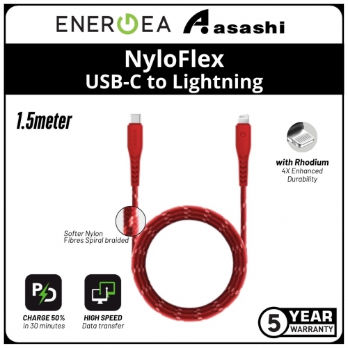 Energea NyloFlex (1.5m) USB-C to Lightning C94 MFI Cable - Red (5yrs Limited Hardware Warranty)