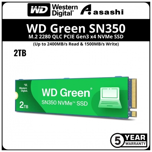 WD Green SN350 2TB M.2 2280 QLC PCIE Gen3 x4 NVMe SSD - WDS200T3G0C (Up to 3200MB/s Read & 3200MB/s Write)