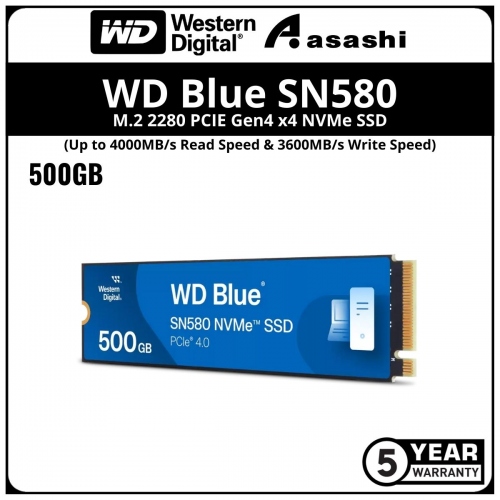WD Blue SN580 500GB M.2 2280 PCIE Gen4 x4 NVMe SSD - WDS500G3B0E (Up to 4000MB/s Read Speed & 3600MB/s Write Speed)