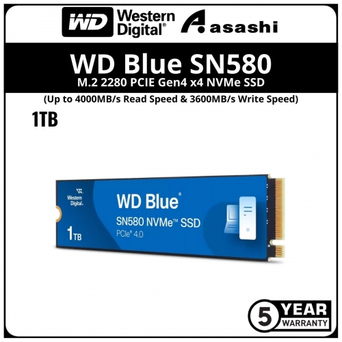 WD Blue SN580 1TB M.2 2280 PCIE Gen4 x4 NVMe SSD - WDS100T3B0E (Up to 4150MB/s Read Speed & 4150MB/s Write Speed)