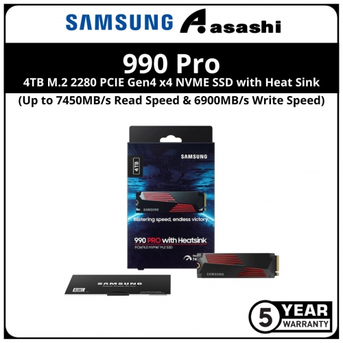 Samsung 990Pro with Heatsink 4TB M.2 2280 PCIE Gen4 x4 NVME SSD - MZ-V9P4T0CW (Up to 7450MB/s Read Speed & 6900MB/s Write Speed)