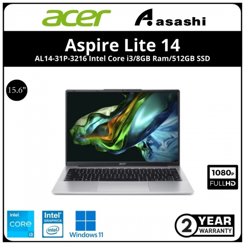 Acer Aspire Lite 14 AL14-31P-3216 Notebook-(Intel Core i3-N300/8GB DDR5(1 Extra Slot)/512GB SSD/14