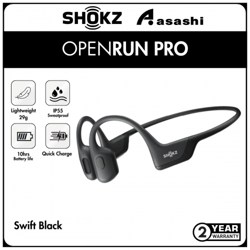 SHOKZ OpenRun Pro (Swift Black) Bone Conduction Sweat Resistant Bluetooth Sport Wireless Headphones