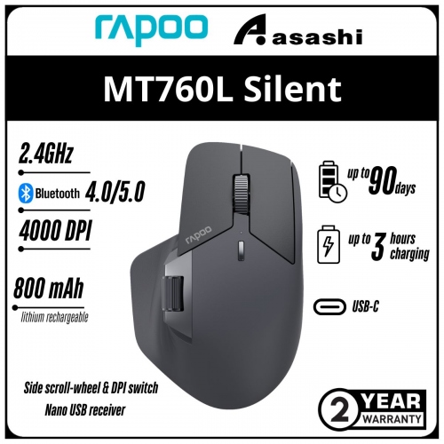 Rapoo MT760L (Black) Rechargeable Multi-Mode Wireless Bluetooth Mouse - 2Y