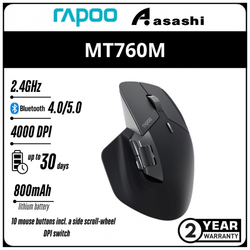 Rapoo MT760M (Black) Rechargeable Multi-Mode Wireless Bluetooth Mouse - 2Y