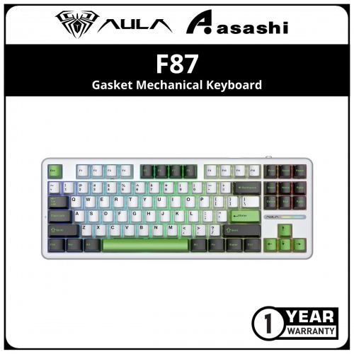 AULA F87 (White Green)Gasket Mechanical Keyboard 87 Key RGB Tri-Mode Wired Bluetooth 2.4G Gasket Structure Hot-swap Gaming Keyboard