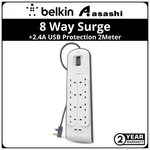 Belkin BSV804SA2M 8 Way Surge +2.4A USB Protection 2Meter