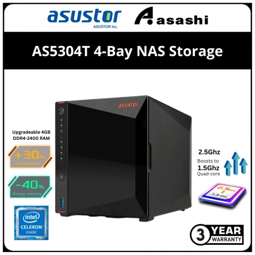 ASUSTOR AS5304T 4-Bay NAS Storage (Intel Celeron J4105 2.5Ghz QC, 4GB DDR4, 2 x GbE)