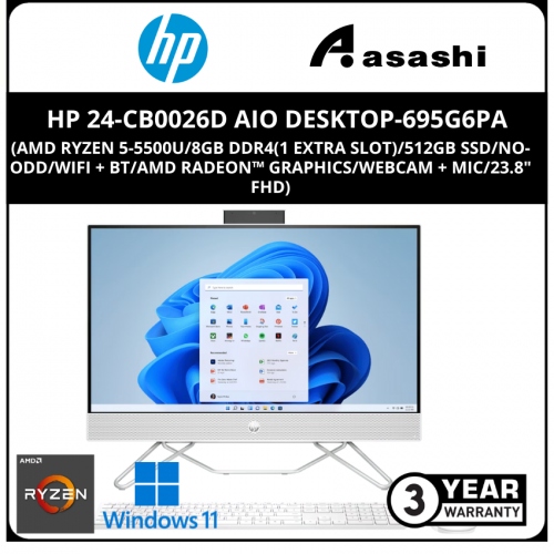 HP 24-cb0026d AIO Desktop-695G6PA-(AMD Ryzen 5-5500U/8GB DDR4(1 Extra Slot)/512GB SSD/No-ODD/WiFi + BT/AMD Radeon™ Graphics/Webcam + Mic/23.8