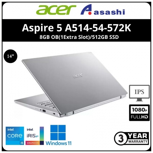 Acer Aspire 5 A514-54-572K Notebook (intel Core i5-1135G7/8GB OB(1Extra Slot)/512GB SSD/Intel® Iris® Xe Graphics/14