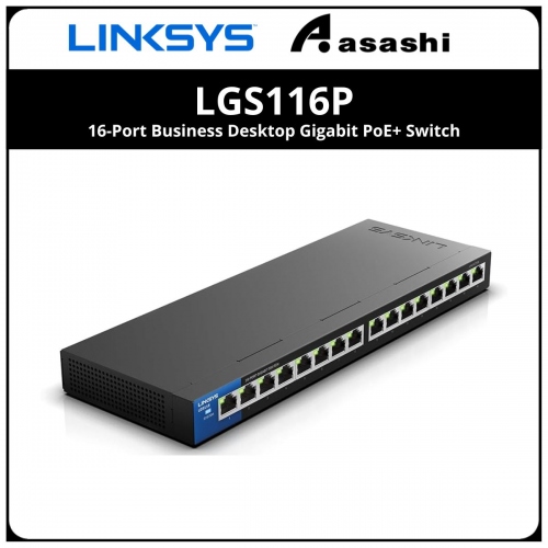 Linksys LGS116P-AP 16 port Gigabit Ethernet auto-sensing PoE Switch (Wall Mount)