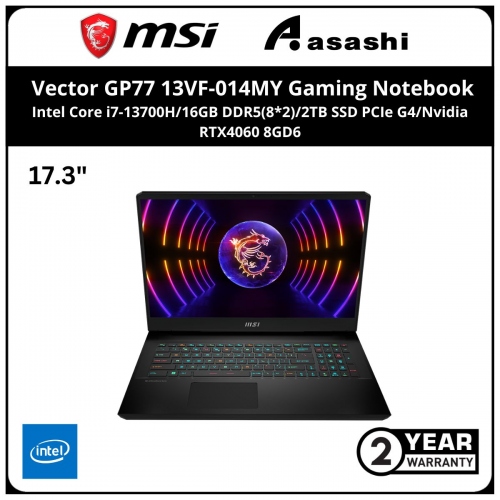 MSI Vector GP77 13VF-014MY Gaming Notebook (Intel Core i7-13700H/16GB DDR5(8*2)/2TB SSD PCIe G4/Nvidia RTX4060 8GD6/17.3' QHD 240Hz,100%sDCI-P3/Win11Home/2yrs/Backpack Inside)