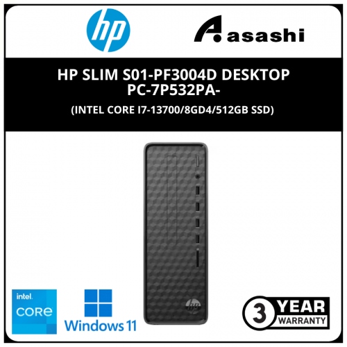 HP Slim S01-pF3004d Desktop PC-7P532PA-(Intel Core i7-13700/8GD4/512GB SSD/Intel UHD Graphic/No-DVDRW/WiFi+BT/USB KB & Mouse/Office H&S/Win11Home/3Yrs)