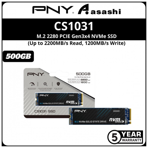 PNY CS1031 500GB M.2 2280 PCIE Gen3x4 NVMe SSD - M280CS1031-500-CL (Up to 1700MB/s Read, 1500MB/s Write)