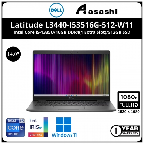 Dell Latitude L3440-I53516G-512-W11 Commercial Notebook (Intel Core i5-1335U/16GB DDR4(1 Extra Slot)/512GB SSD/14