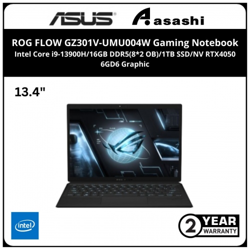 Asus ROG FLOW GZ301V-UMU004W Gaming Notebook-(Intel Core i9-13900H/16GB DDR5(8*2 OB)/1TB SSD/NV RTX4050 6GD6 Graphic/13.4