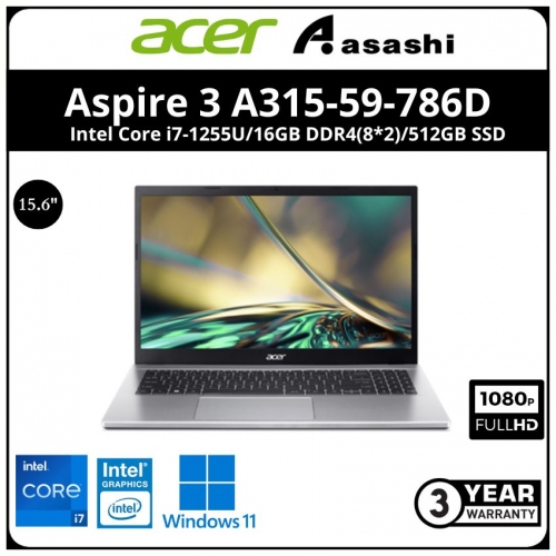 Acer Aspire 3 A315-59-786D Notebook-(Intel Core i7-1255U/16GB DDR4(8*2)/512GB SSD/15.6
