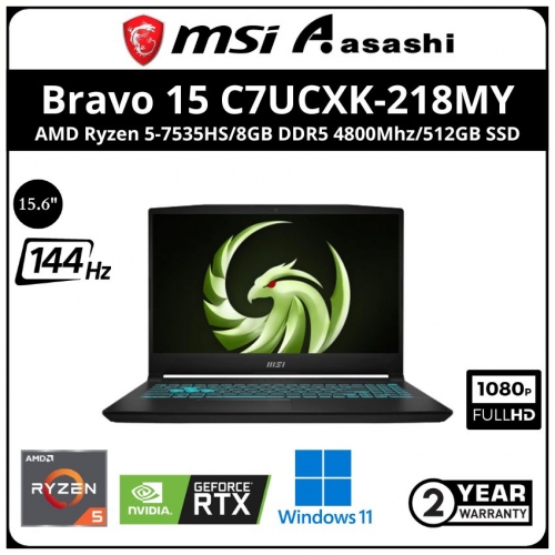 MSI Bravo 15 C7UCXK-218MY Gaming Notebook (AMD Ryzen 5-7535HS/8GB DDR5 4800Mhz(1 Extra Slot)/512GB SSD(1 extra M.2)/NVIDIA® GeForce RTX™ 2050 Laptop GPU 4GB GDDR6/15.6