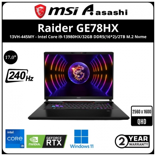 MSI Raider GE78HX 13VH-445MY Gaming Notebook (Intel Core i9-13980HX/32GB DDR5(16*2)/2TB M.2 Nvme Pcie NVIDIA GeForce RTX™ 4080 Laptop GPU 12GB GDDR6
/17' QHD 240Hz 100% DCI-P3/Office H&S/Win11Home/2yrs/Backpack & Mouse inside)