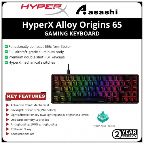 HP HyperX Alloy Origins 65 Gaming Keyboard-HyperX Aqua Switch-(56R64AA) 2 Years Warranty