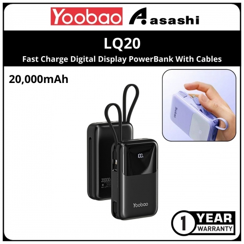 Yoobao LQ20 20000mAh Fast Charge Digital Display PowerBank With Cables -Black (1 yrs Limited Hardware Warranty)