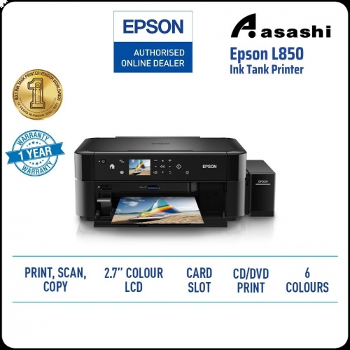 Epson L850 6 color Print Scan Copy, CD / DVD printing, memory card reader, 2.7'' LCD Screen, PictBridge STD Printer (Warranty 1Years @ 3,000 Pages Printing)